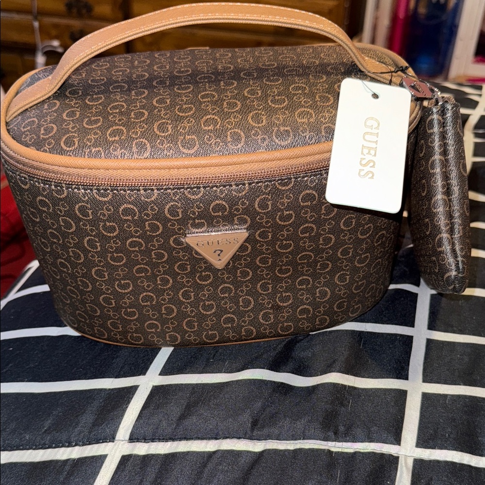 GUESS Brown Monogram Cosmetic/ Travel Case with Tan/Natural Trim and side Pouch